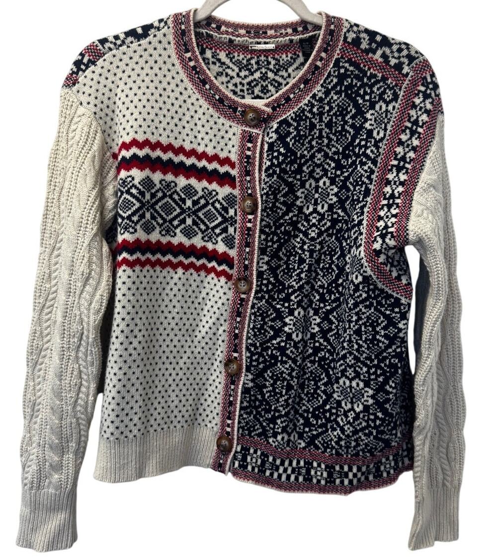 Magaschoni Fair Isle Patchwork Cable Cardigan Cream Navy Red Cashmere Wool (S)